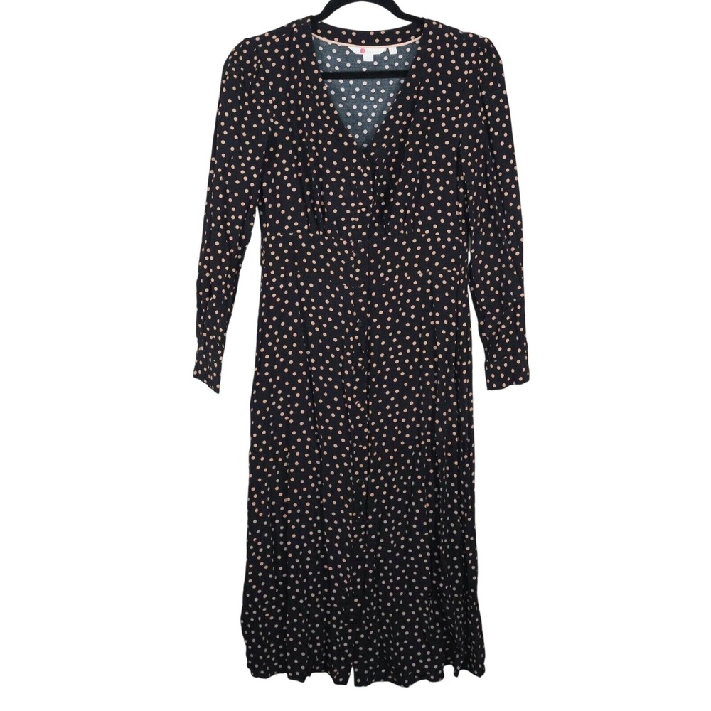 Boden‎ Midi Tea Dress Womens Size 4 Black Beige Polka Dot Elsie Button Front